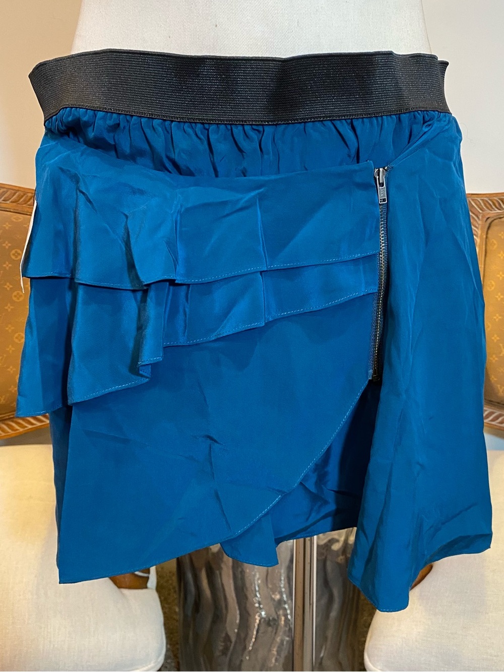 Vanessa Bruno Blue Silk Ruffle Wrap Mini Skirt with Elastic Waist